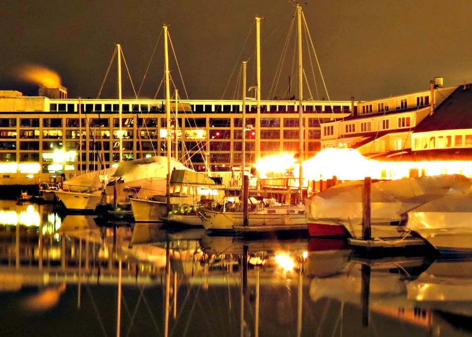 Boats reflected at Pickering Wharf, Salem MA