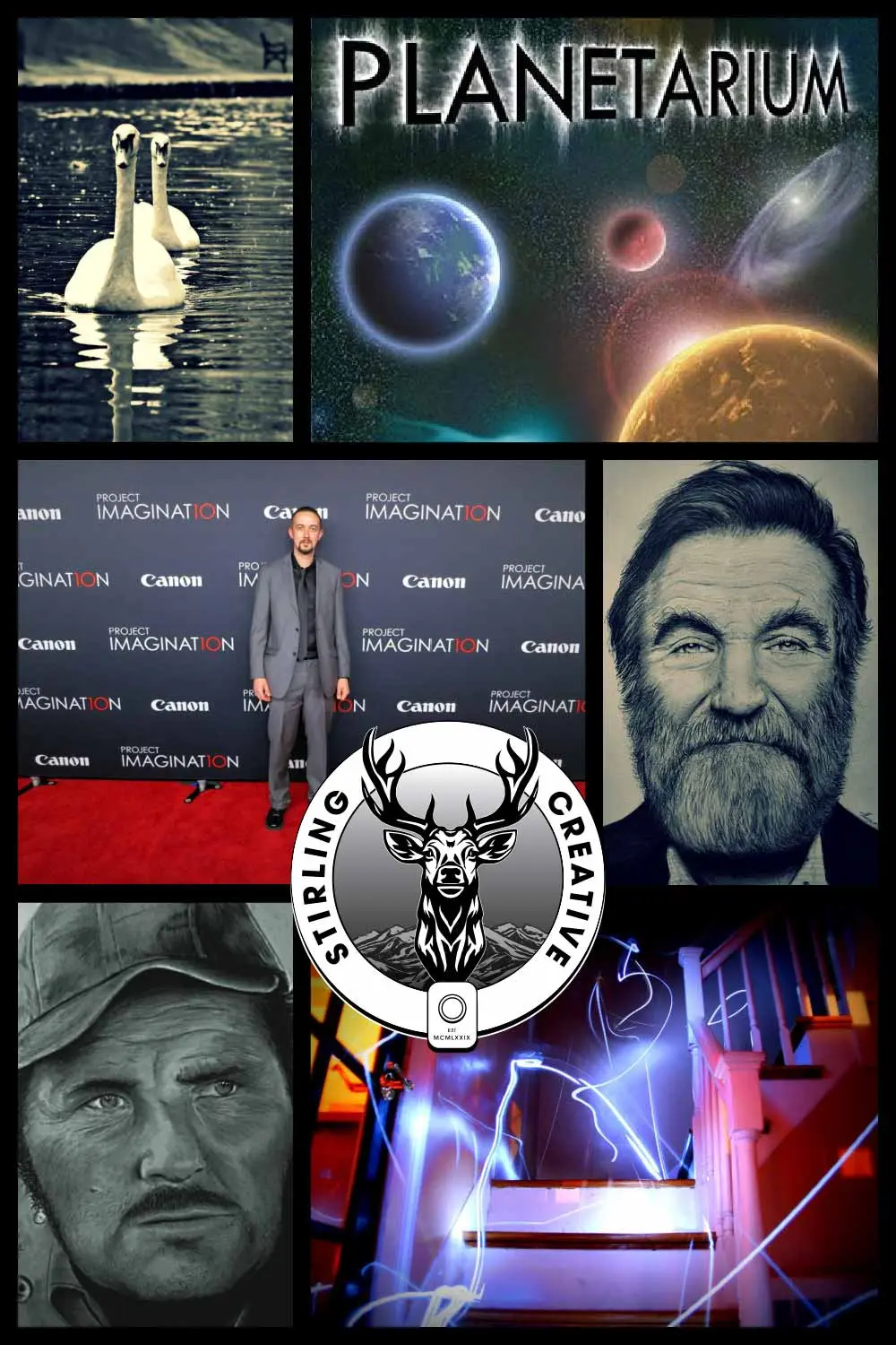 Tom Stirling Web Design, Graphic Design and Photography. An image containing various small images from Tom Stirling's portfolio of work along with his logo and a photograph of him.