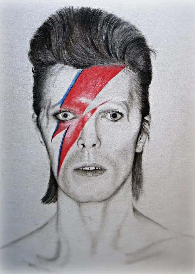 David Bowie, Charcoal and Color Pencil Drawing.