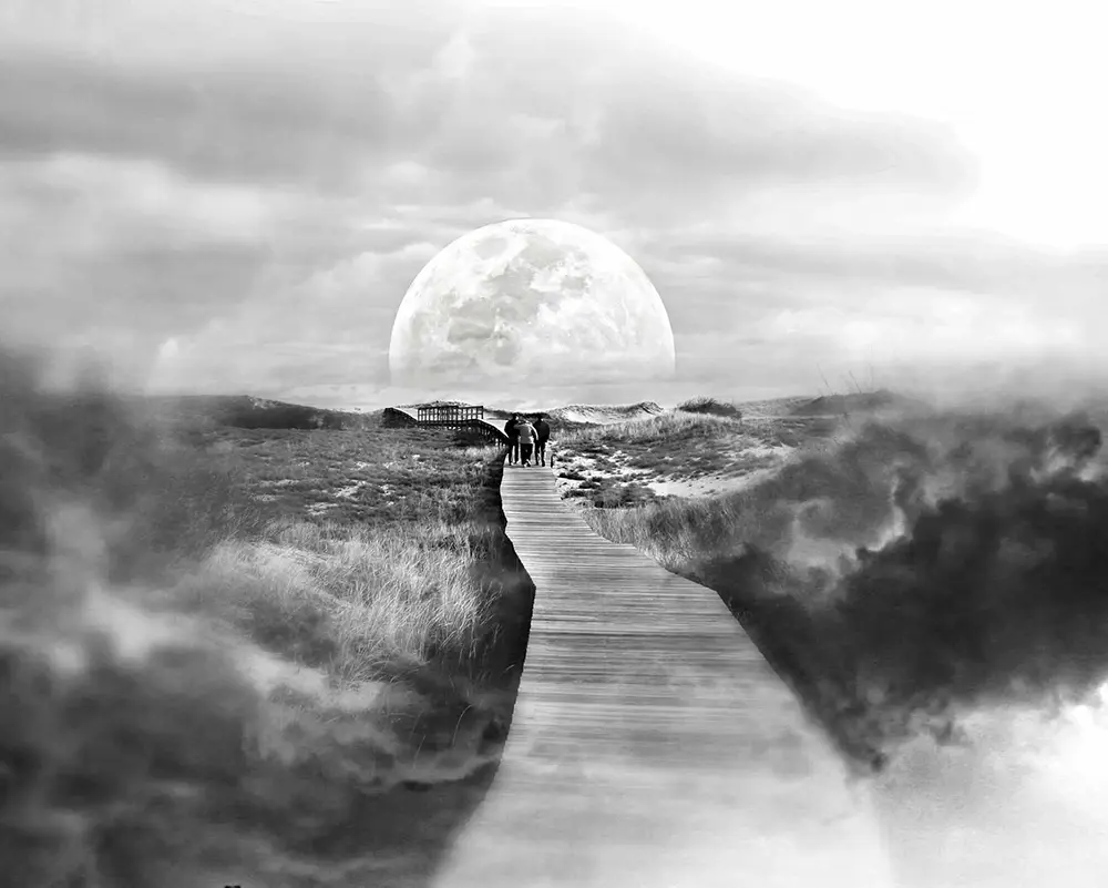 A composite of 3 different photos taken in various locations showing people walking towards the moon over a boardwalk.