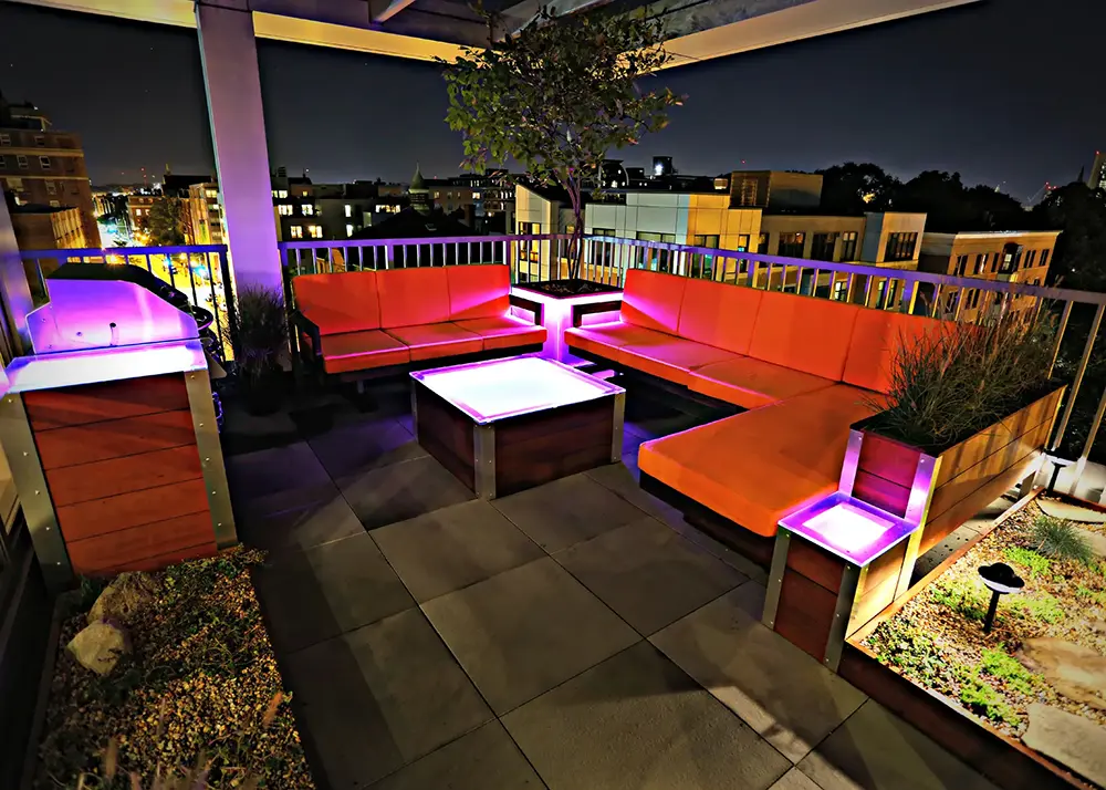 A landscaped garden on a rooftop in Boston Massachusetts.